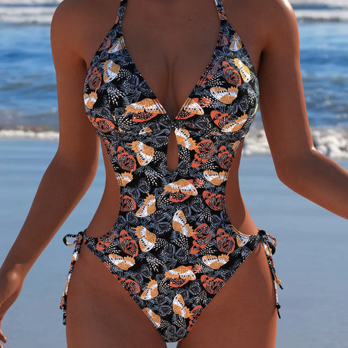 Damen Einteiler Badeanzug mit floralem Cut-Out-Design und verstellbaren Bindebändern R&B