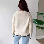 Damen Grobstrickpullover mit kreativem Patchwork-Design und lässigem Schnitt R&B