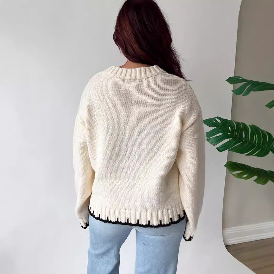 Damen Grobstrickpullover mit kreativem Patchwork-Design und lässigem Schnitt R&B