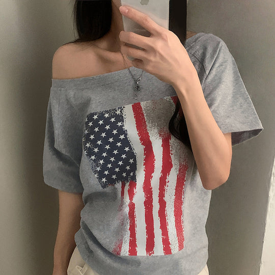 Damen lässiges T-Shirt mit amerikanischem Flaggen-Design und weichem Baumwollmaterial R&B