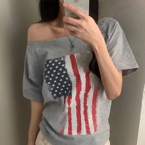 Damen lässiges T-Shirt mit amerikanischem Flaggen-Design und weichem Baumwollmaterial R&B