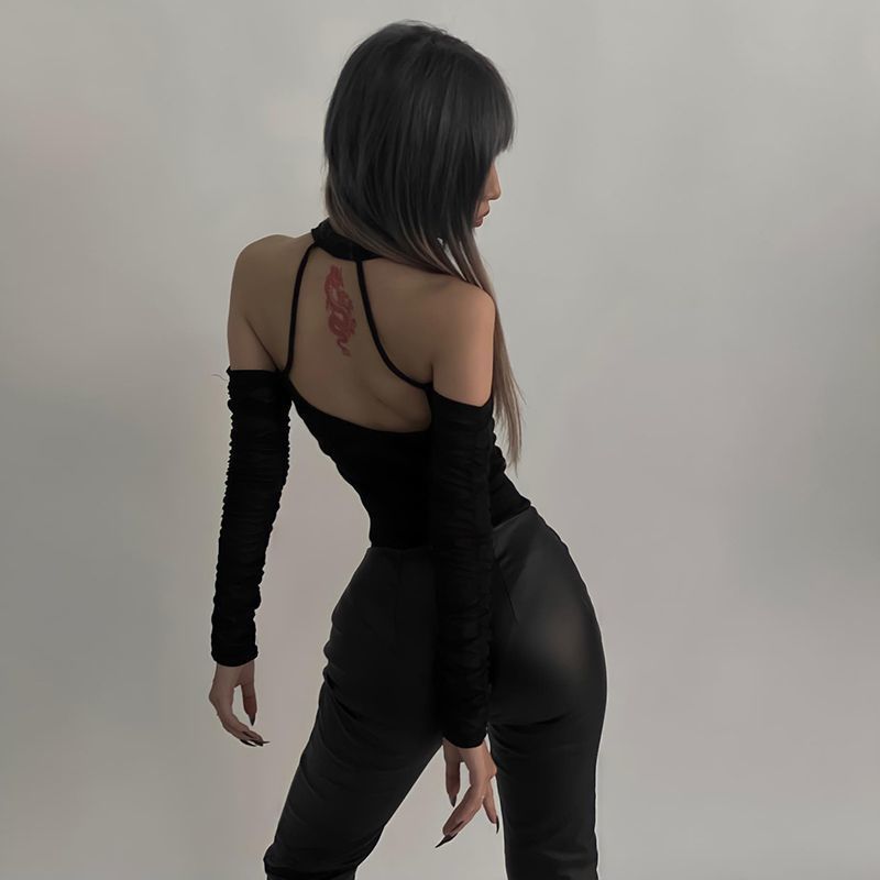 Damen Körperbetonter Langarm-Bodysuit mit tiefem V-Ausschnitt und raffinierten Rüschendetails R&B