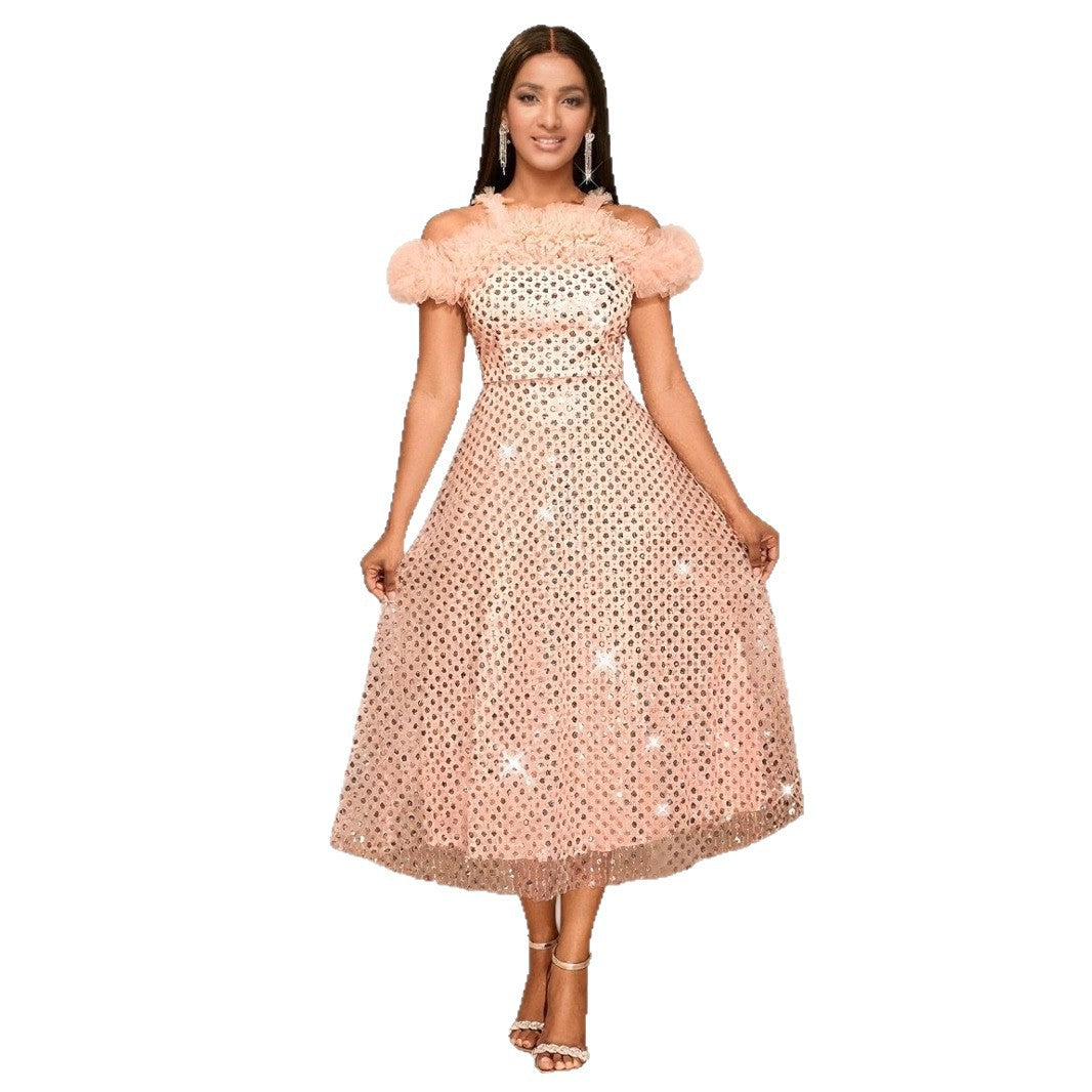 Damen Festliches Abendkleid mit voluminösen Rüschendetails und zartem Glitzer R&B