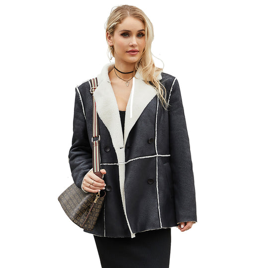 Damen modische Übergangsjacke mit kuscheligem Innenfutter und breitem Reverskragen R&B