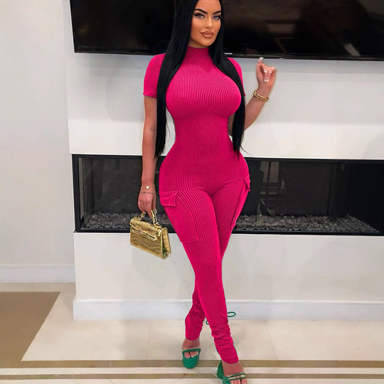 Damen figurbetontes Jumpsuit mit hohem Kragen und Seitentaschen R&B