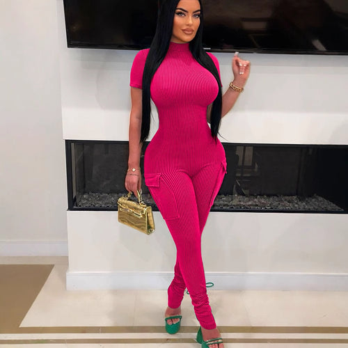 Damen figurbetontes Jumpsuit mit hohem Kragen und Seitentaschen R&B