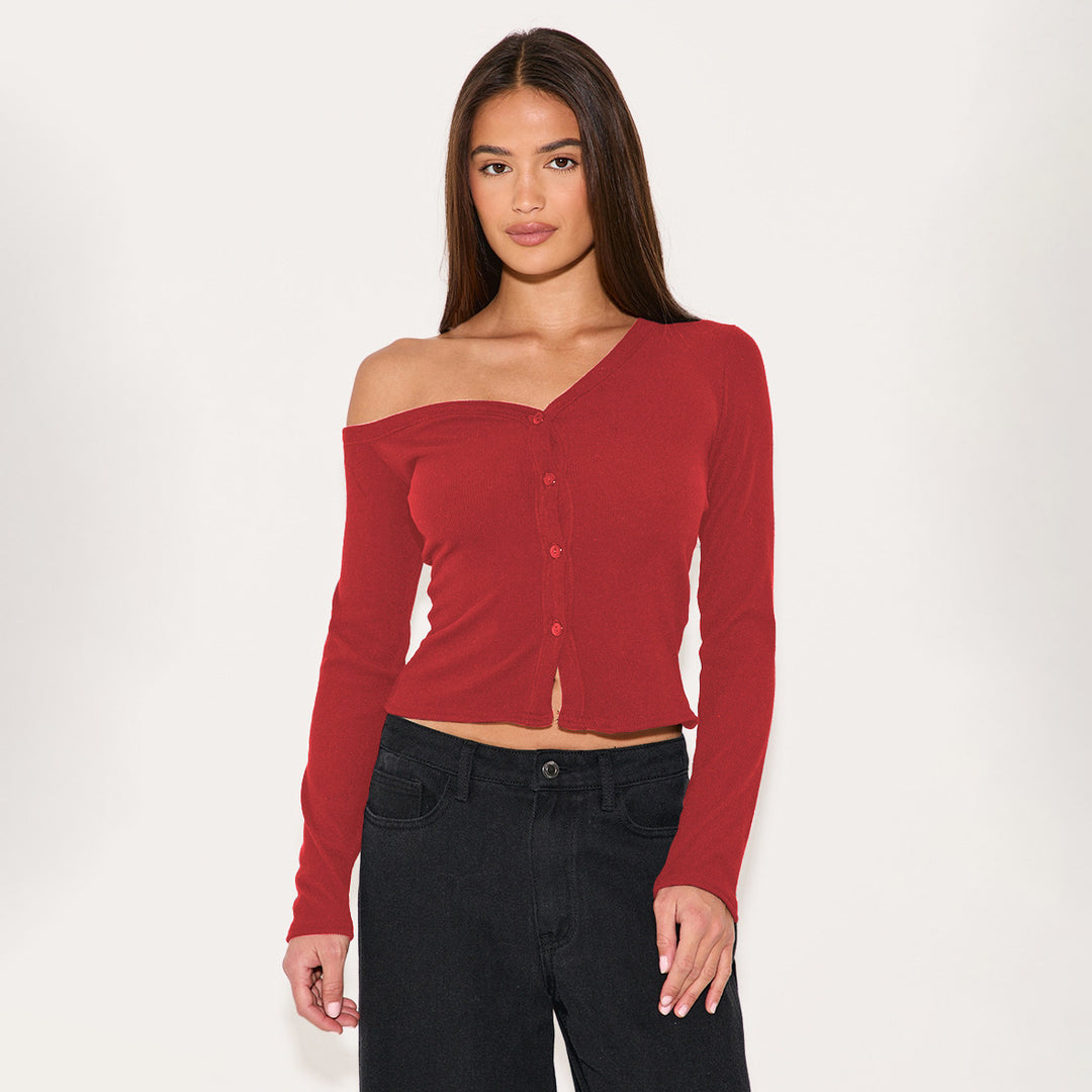 Damen Off-Shoulder Cropped Cardigan mit Knopfleiste R&B