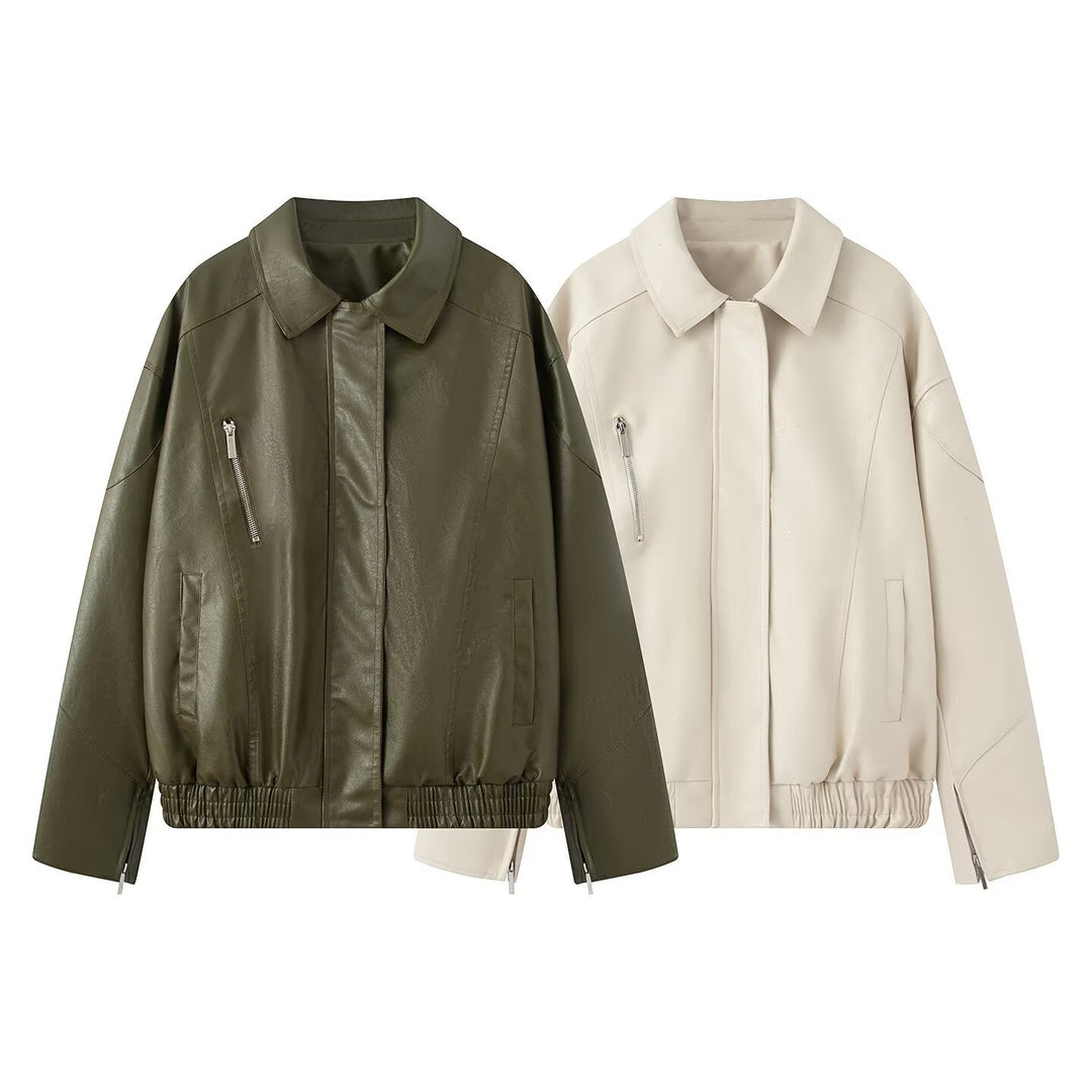 Damen elegante Kunstlederjacke mit praktischen Reißverschluss-Taschen R&B