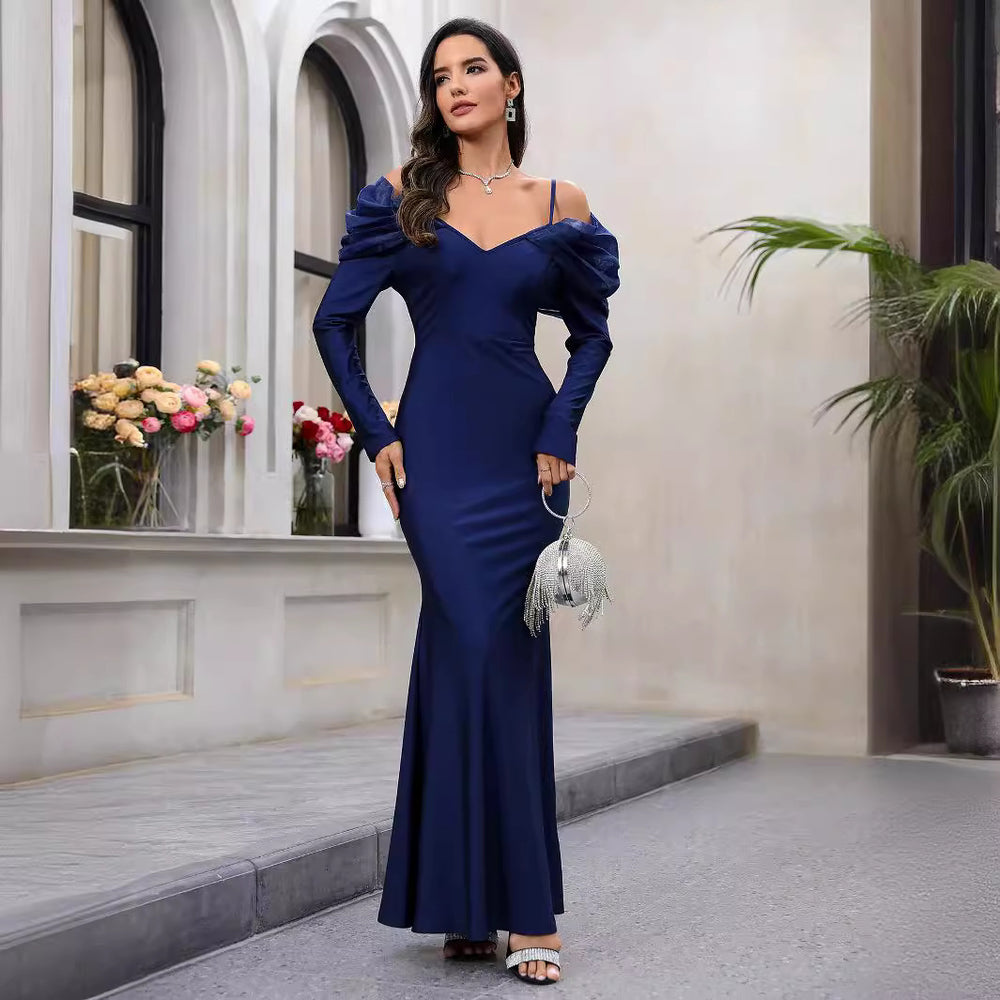 Damen Elegantes Maxikleid mit Steckkragen und schulterfreiem Design R&B