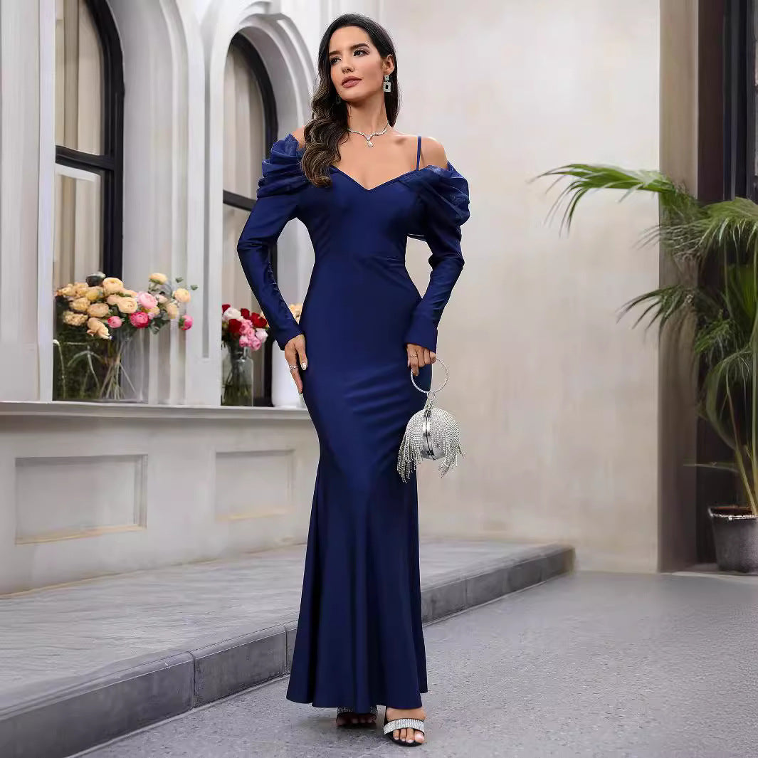 Damen Elegantes Maxikleid mit Steckkragen und schulterfreiem Design R&B