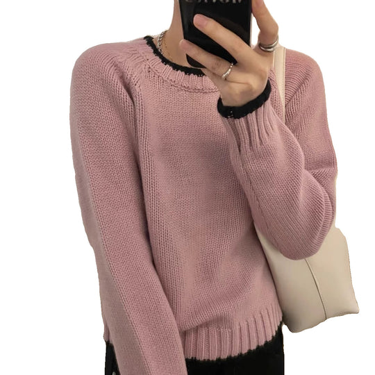Damen Modischer Pullover mit strukturiertem Saum und kontrastierenden Ärmeln R&B