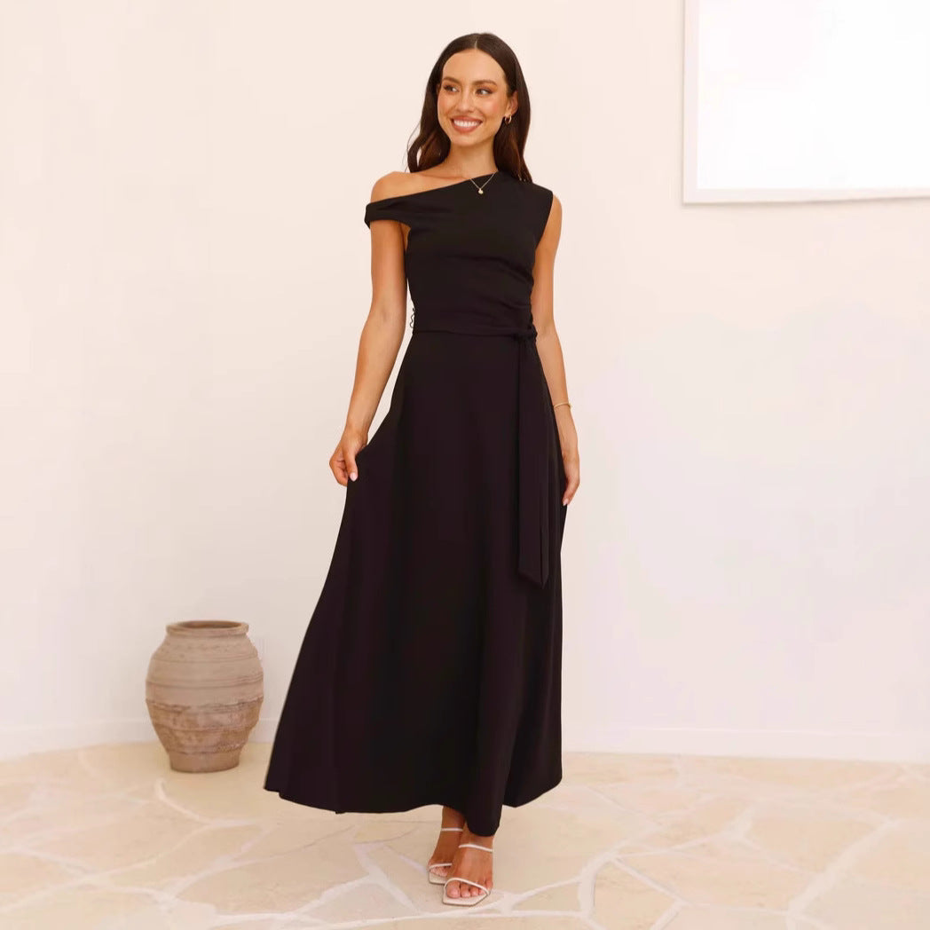Damen Maxikleid mit schickem asymmetrischen Ausschnitt und eleganter Schleife R&B