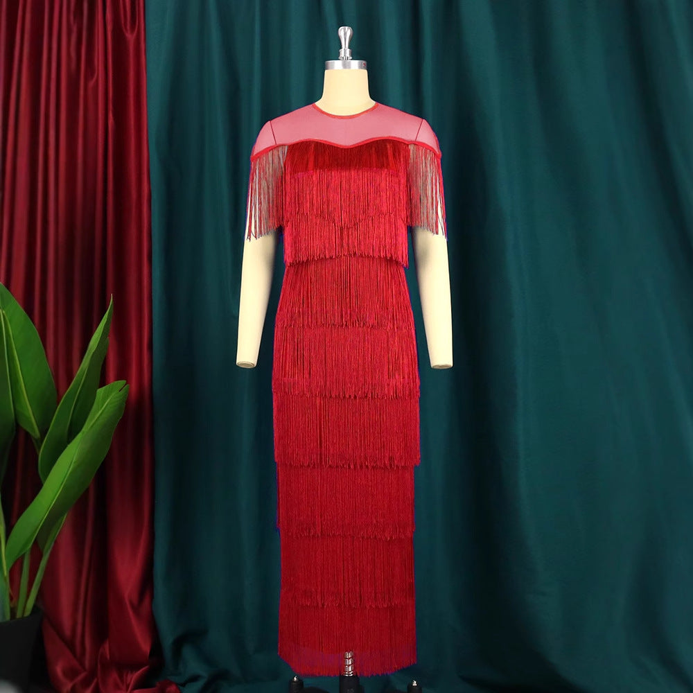 Damen Fransen Maxikleid mit halber Transparenz R&B