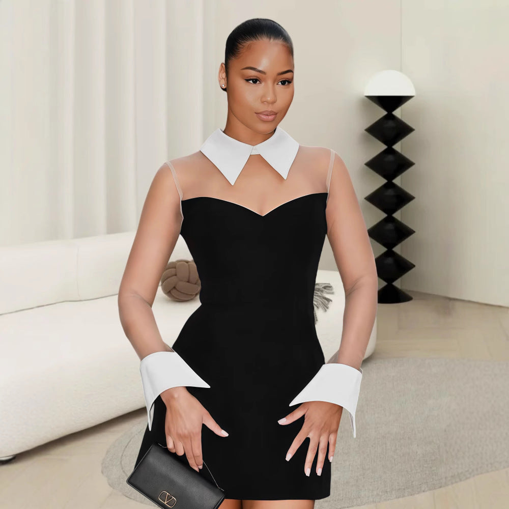 Damen Etuikleid mit transparenten Ärmeln und klassischem Hemdkragen R&B