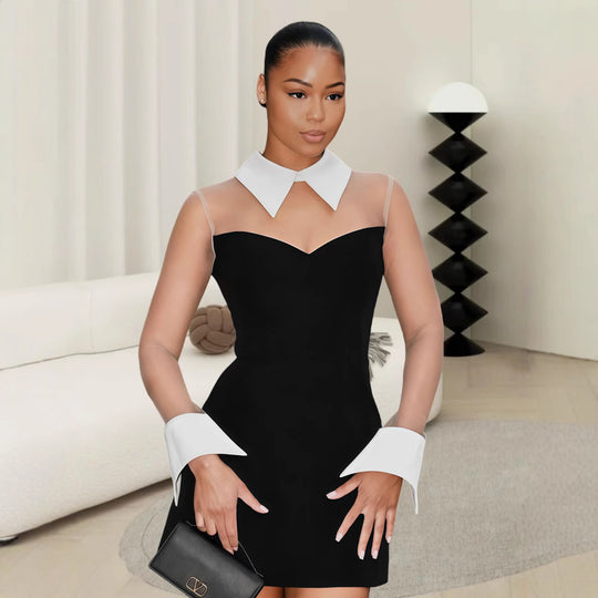 Damen Etuikleid mit transparenten Ärmeln und klassischem Hemdkragen R&B