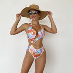 Damen Einteiler Badeanzug mit schickem Cut-Out und buntem Design R&B
