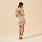 Damen gehäkeltes Strandkleid mit tiefem V-Ausschnitt und langem Arm R&B