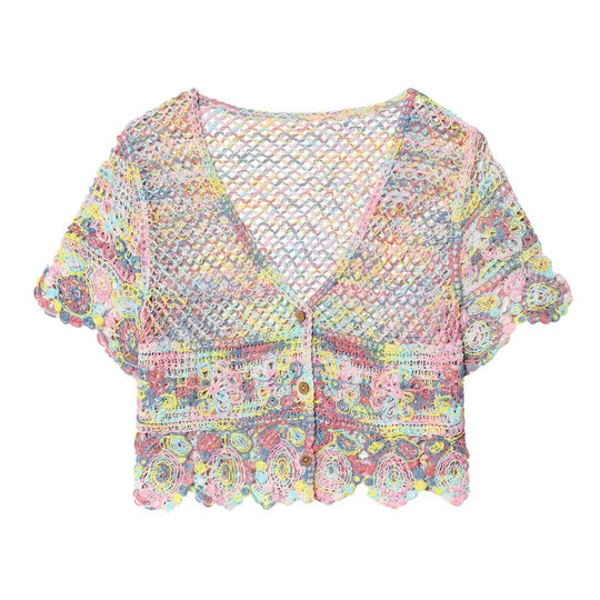 Damen luftiger Spitzen-Crochet-Cardigan mit buntem Häkelmuster R&B