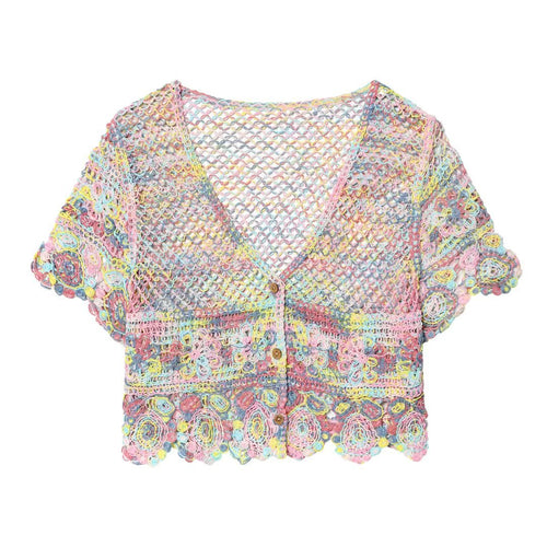 Damen luftiger Spitzen-Crochet-Cardigan mit buntem Häkelmuster R&B