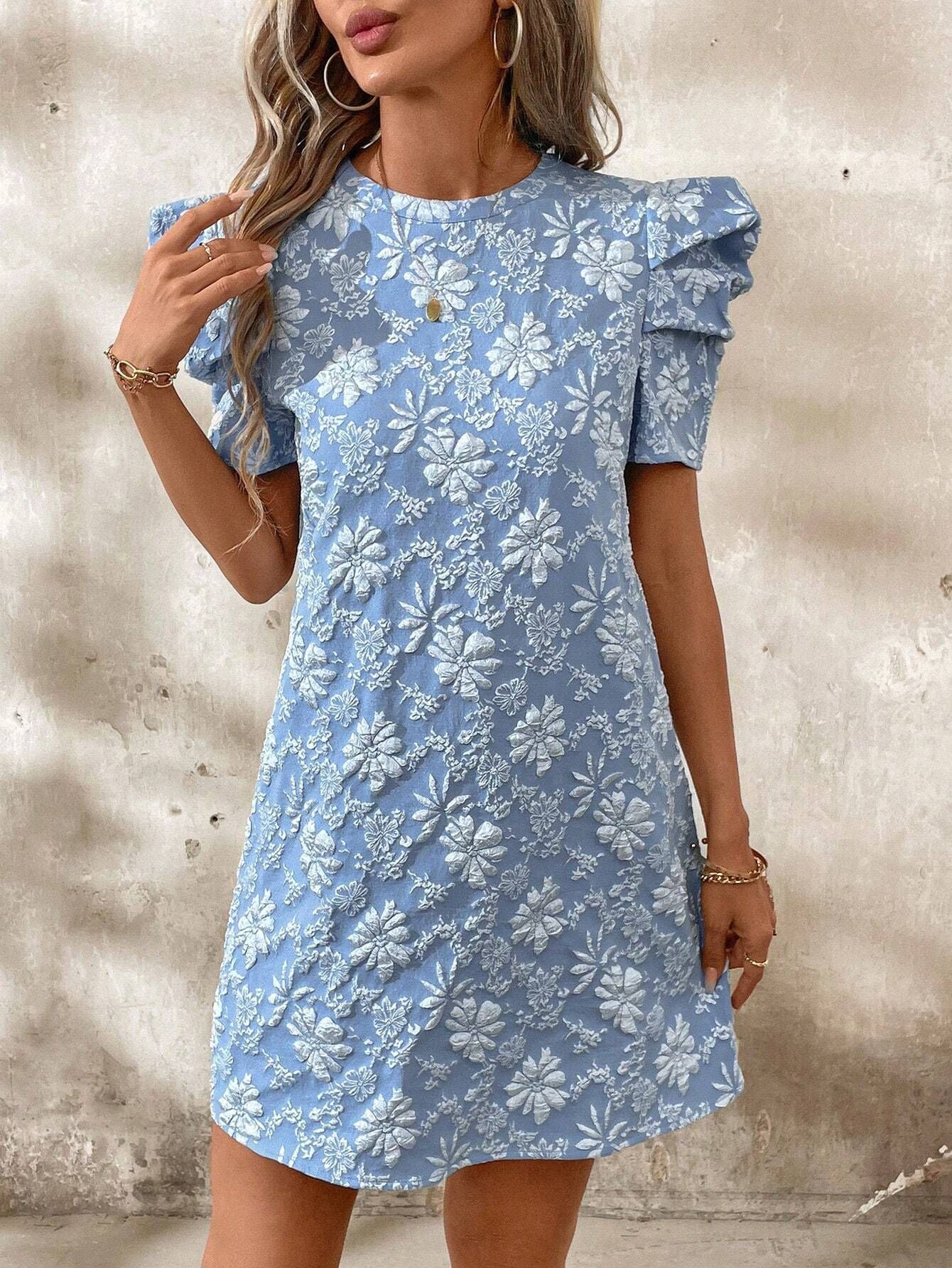 Damen nan florales Jacquard-Minikleid mit gestuften Puffärmeln R&B