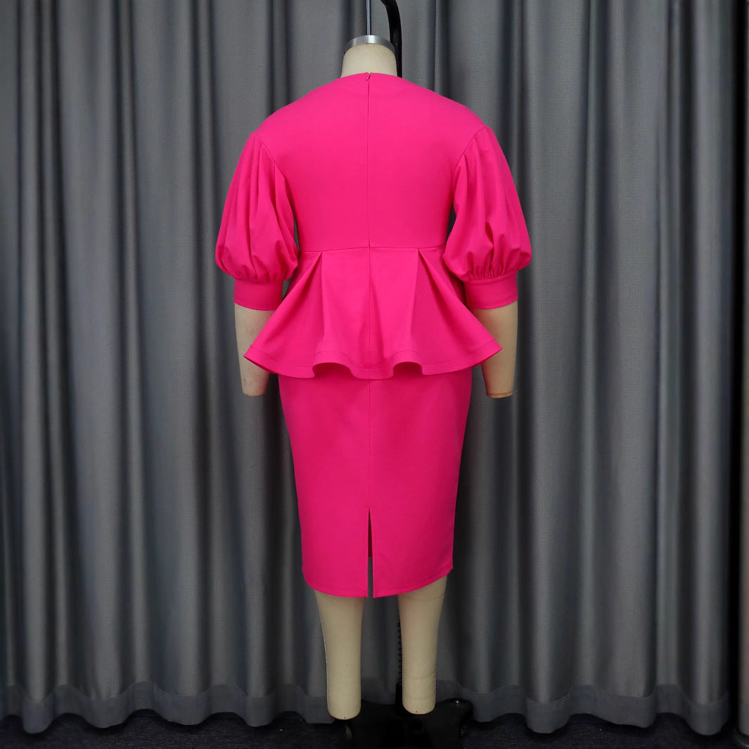 Damen elegantes A-Linien Kleid mit modischen Puffärmeln und floralem Akzent R&B