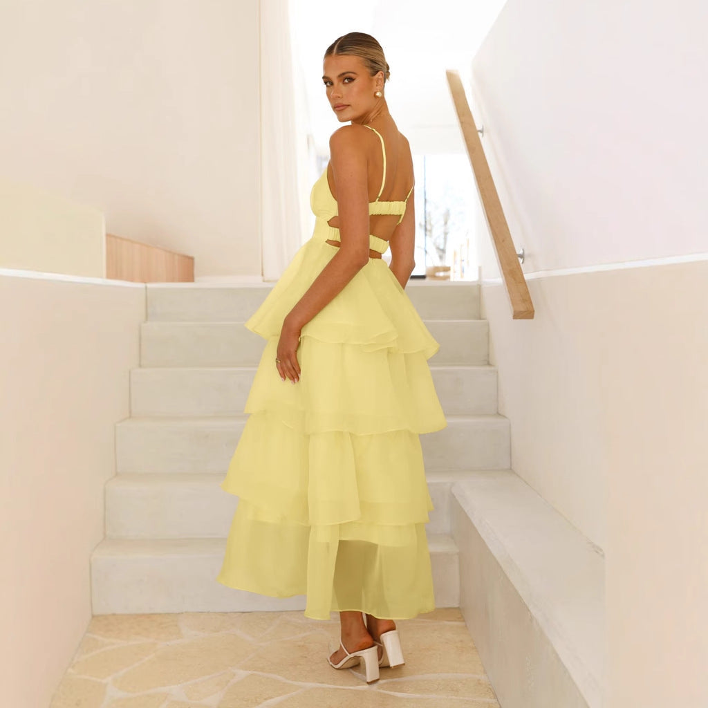 Damen luftiges Maxikleid mit Schichten und Spaghettiträgern R&B