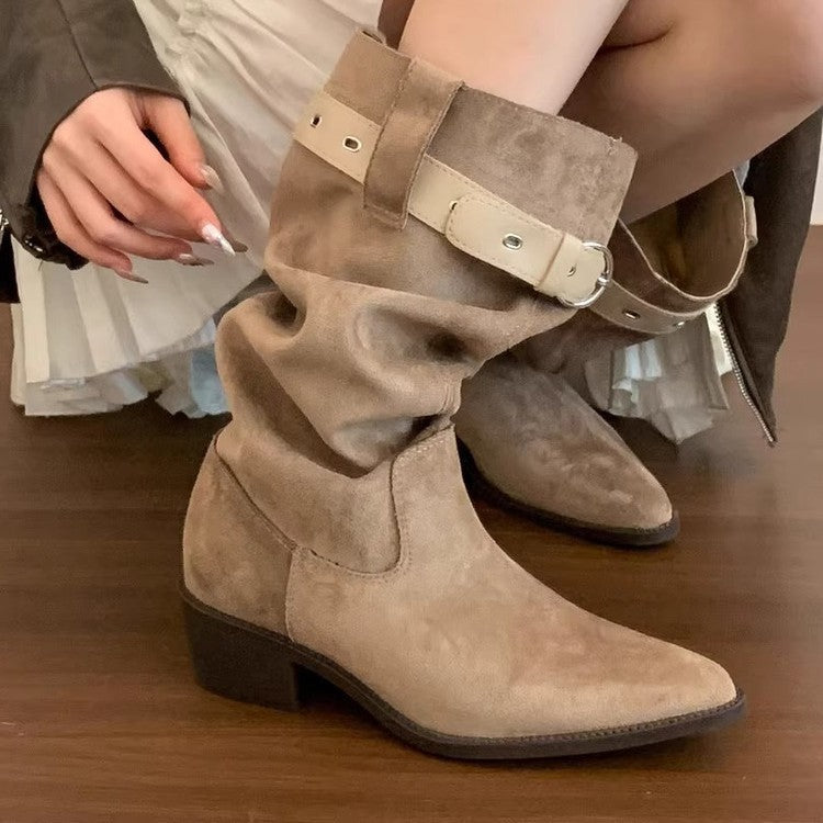 Damen Rustikale Wildleder-Stiefel mit modischem Falten-Design und verstellbarem Riemen R&B