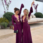 Damen Maxikleid mit tiefem V-Ausschnitt und eleganten langen Ärmeln R&B