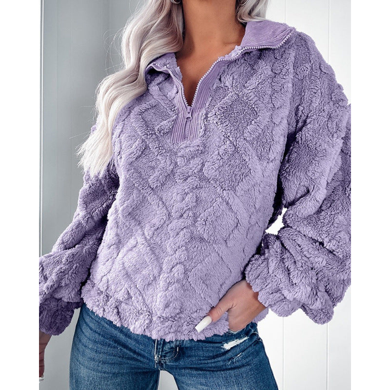 Damen Fleece-Pullover mit halbem Reißverschluss und strukturiertem Design R&B