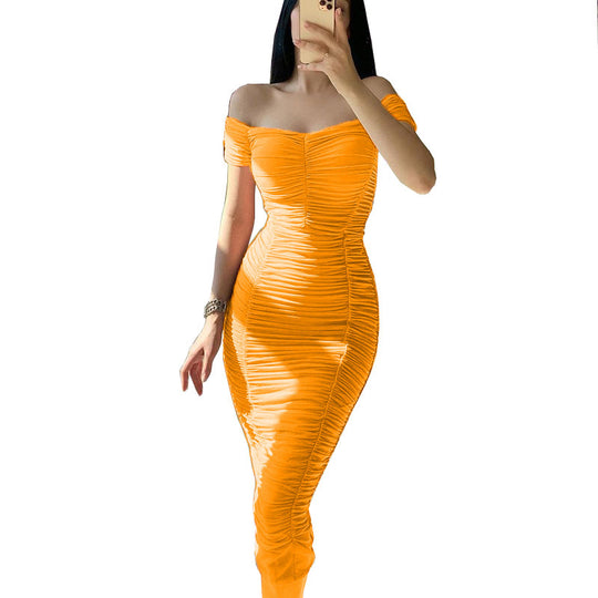 Damen figurbetontes Minikleid mit schulterfreiem Schnitt und Raffung R&B