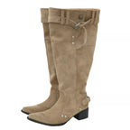 Damen kniehohe Stiefel mit robustem Absatz und stylishen Riemendetails R&B