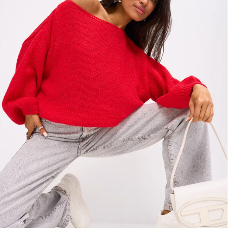 Damen Flauschiger Off-Shoulder Pullover mit überschnittenen Schultern R&B