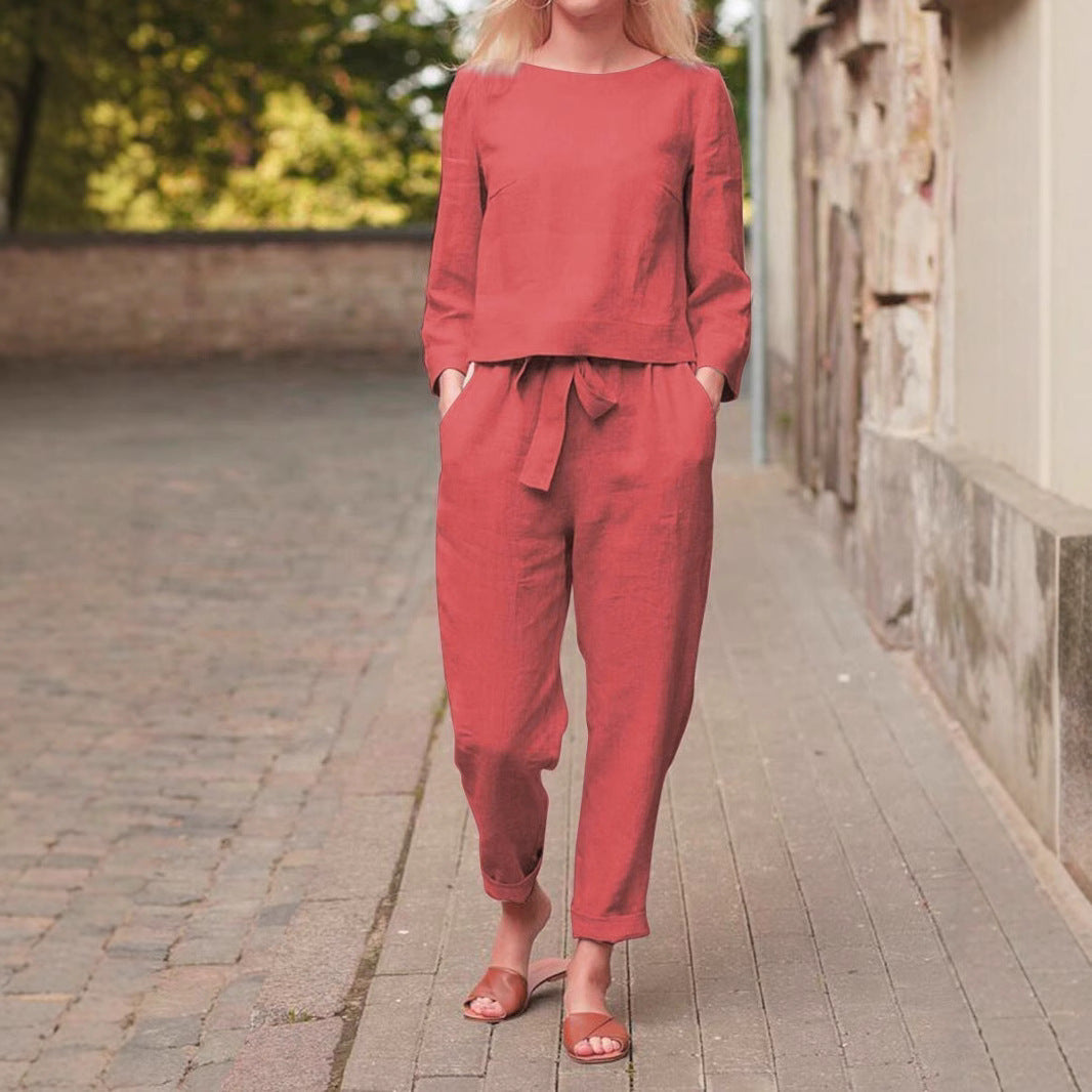 Damen Leinenanzug mit kurzem Oberteil und elastischem Bund R&B