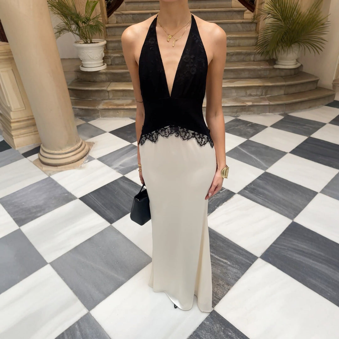 Damen Schickes Maxikleid mit Spitzenoberteil und V-Ausschnitt R&B