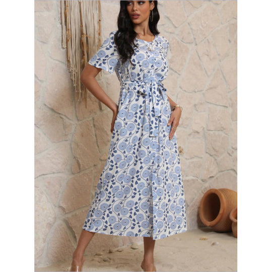 Damen Langarmmaxikleid mit floralem Design und elegantem Bindegürtel R&B