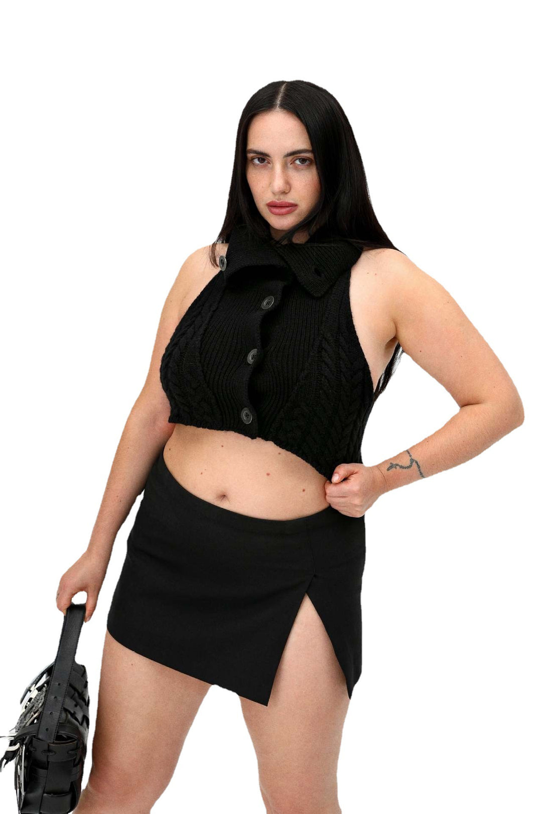 Damen gehäkeltes Crop-Oberteil mit hochgeschlossenem Kragen und Knopfleiste R&B