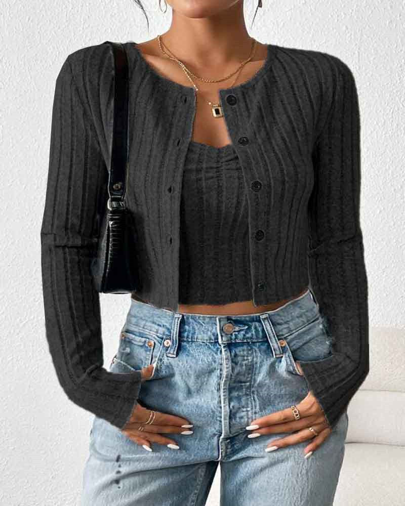 Damen lässige Strickjacke im schmalen Rippdesign mit Knopfleiste R&B