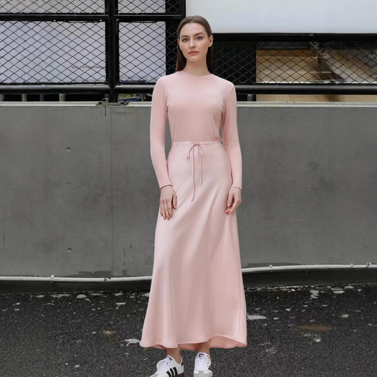 Damen Fließendes Maxikleid mit eleganten langen Ärmeln und taillierbarem Bund R&B