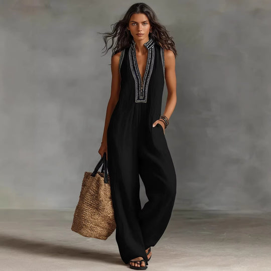 Damen luftiger Jumpsuit mit elegantem V-Ausschnitt und besticktem Kragen R&B