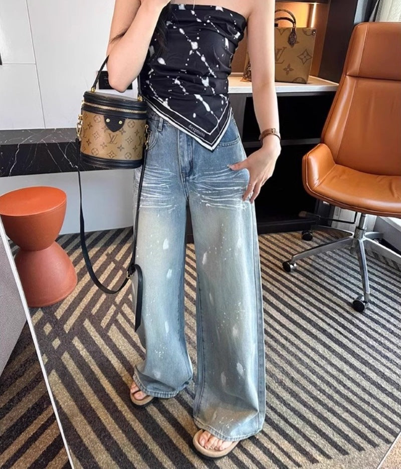Damen Weite High-Waist Jeans mit modischem Waschdesign R&B