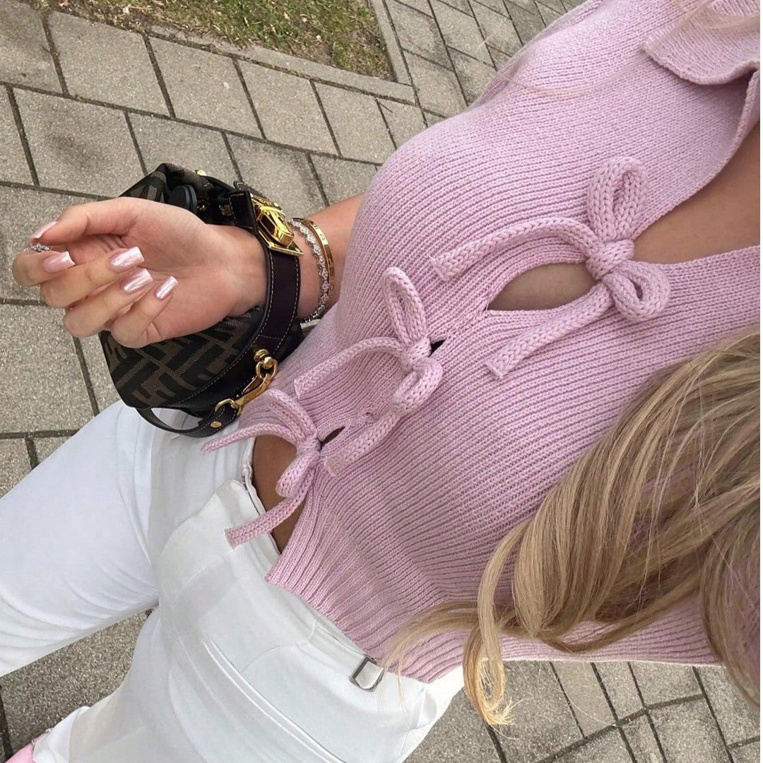 Damen modische Strickjacke mit kurzen Ärmeln und Schleifenverschluss R&B