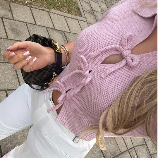 Damen modische Strickjacke mit kurzen Ärmeln und Schleifenverschluss R&B