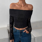 Damen Off-Shoulder Spitzenoberteil mit langem Arm und Rüschendetails R&B