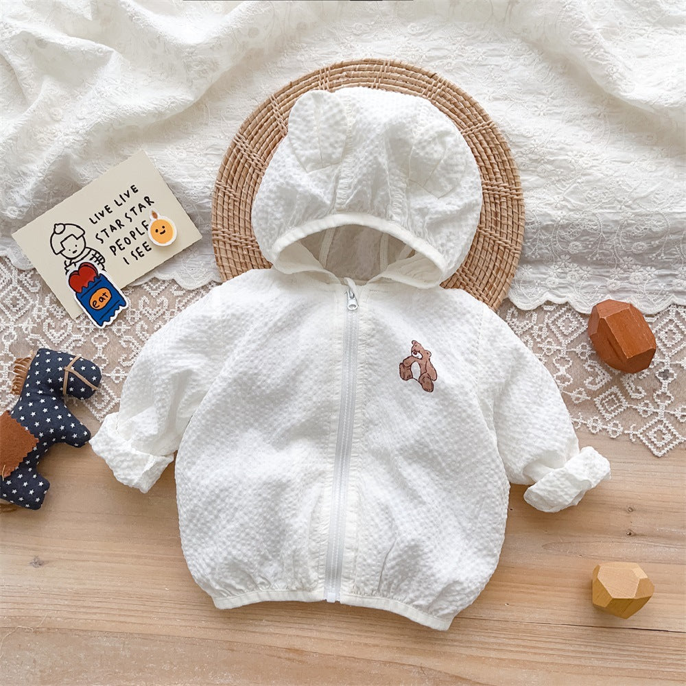 Unisex nan strukturierte Baumwolle Baby Kapuze Zip Front Jacke mit Bären Applikation R&B