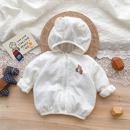 Unisex nan strukturierte Baumwolle Baby Kapuze Zip Front Jacke mit Bären Applikation R&B