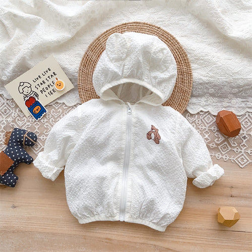 Unisex nan strukturierte Baumwolle Baby Kapuze Zip Front Jacke mit Bären Applikation R&B