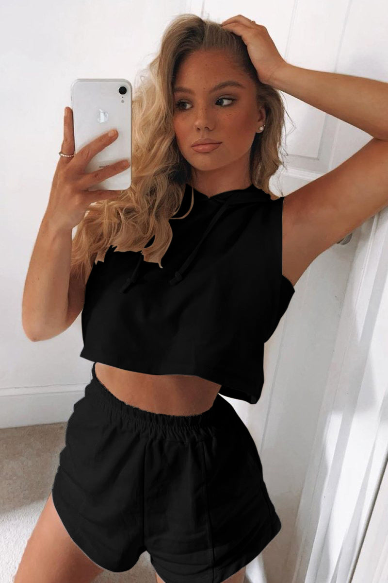 Damen Sportliches Zweiteiliges Set mit Kapuzenoberteil und Shorts R&B