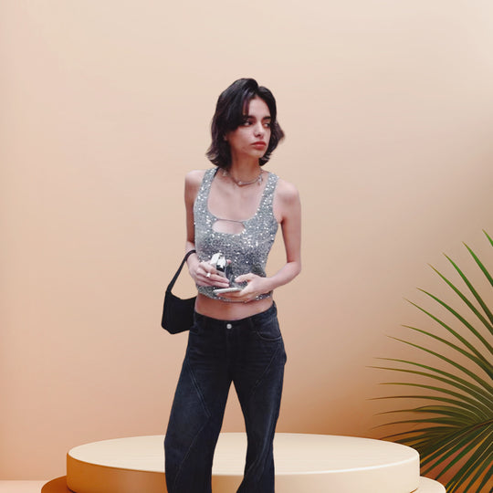 Damen Glitzerndes Crop-Top mit schimmerndem Effekt und scoop-cut Ausschnitt R&B