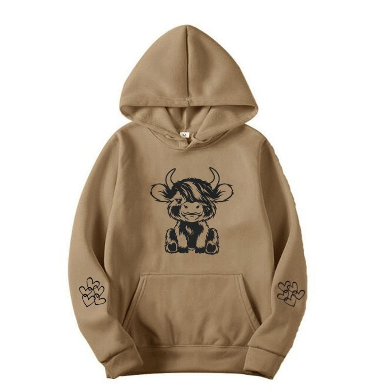 Damen Kapuzensweater mit entzückendem Kuhmotiv und praktischen Kängurutaschen R&B