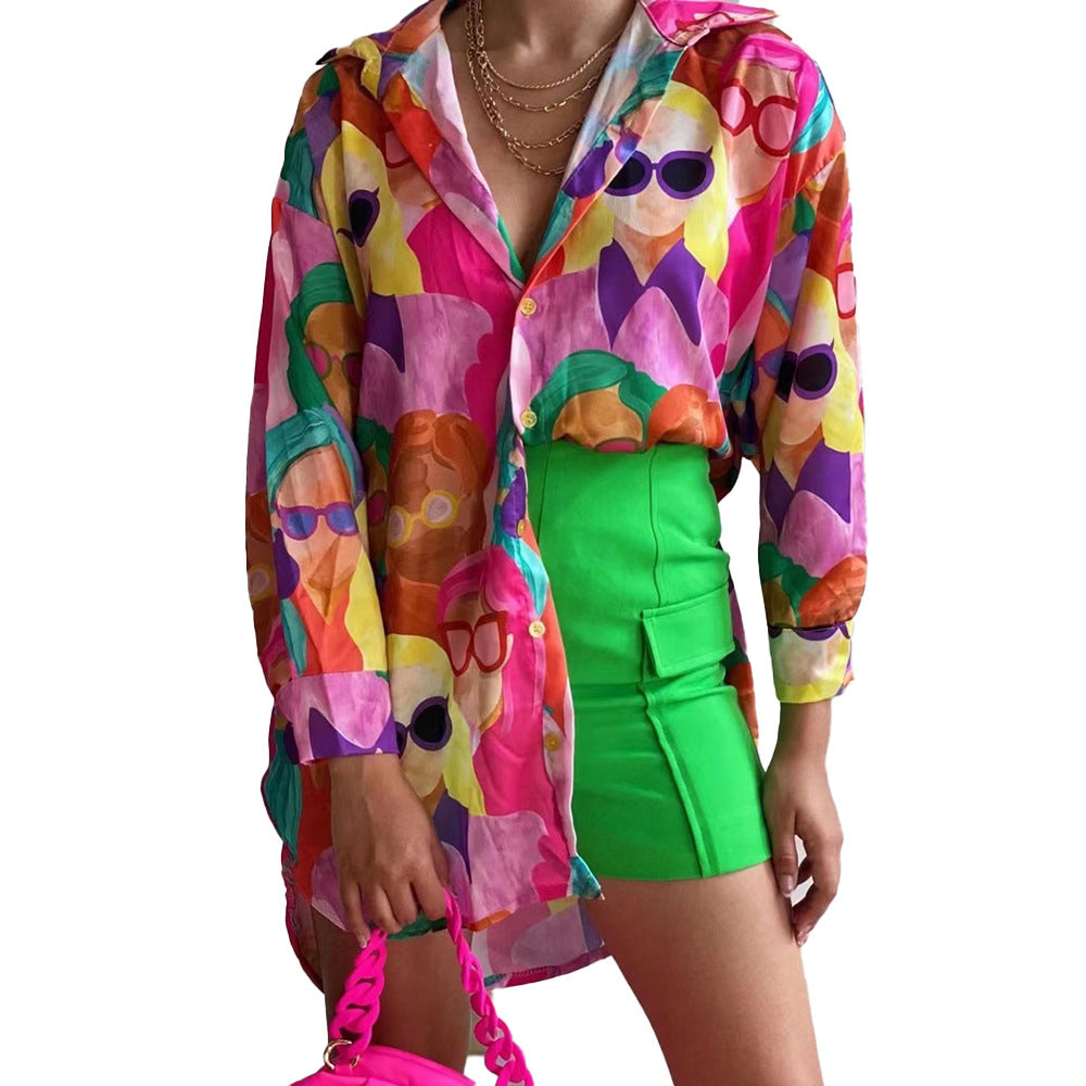 Damen Oversized Bluse mit buntem Grafikdruck R&B